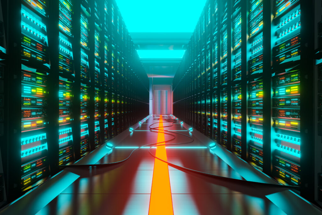 data center with server racks in a corridor room